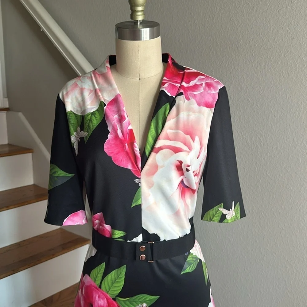 Ted Baker Magnificent V Bodycon Dress NWT Gilanno Black Floral - Picture 7 of 13